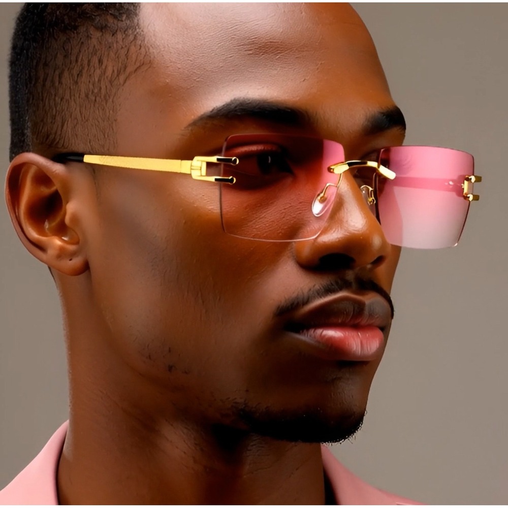 Rimless Sunglasses Pink Lens Gold Frame Rectangle Fashion Shades Classic‎ Retro